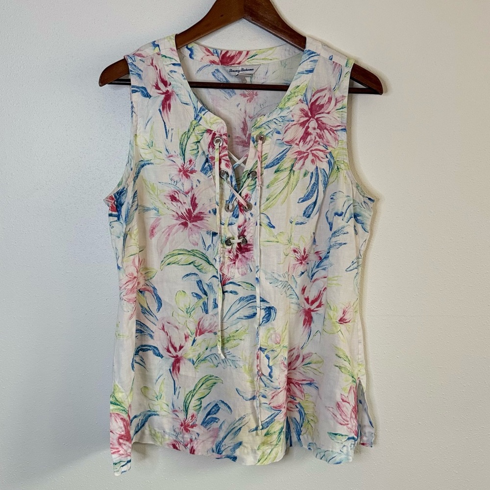 Tommy Bahama Linen Floral Tank Top Lace Up Sleeveless Size M Coastal Resort